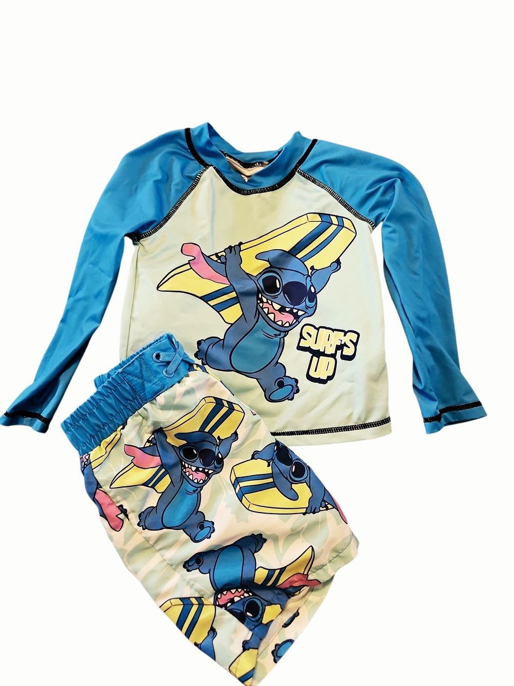 Disney Blue & Yellow Stitch 'Surfs Up' Kids Rash Guard Swim Set Trunks Size 3t